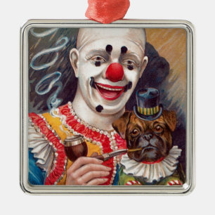 Vintage Circus Clown with his Circus Pug Dog Metal Ornament
