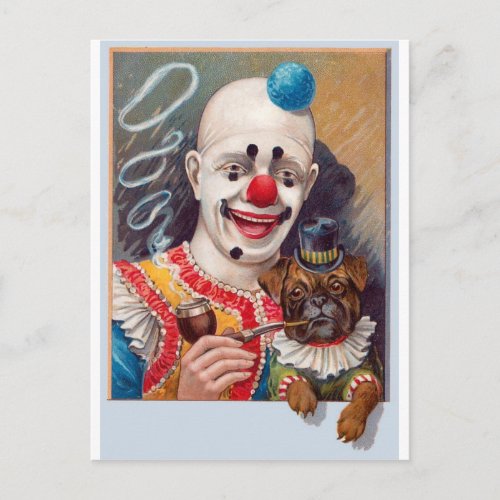 Vintage Circus Clown with his Circus Pug Dog Postcard