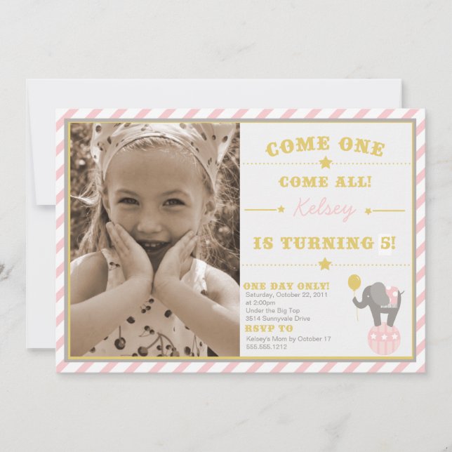 Vintage Circus Elephant - 5th Birthday Invitation (Front)