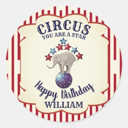 Vintage Circus Elephant  Birthday Party Favor Classic Round Sticker