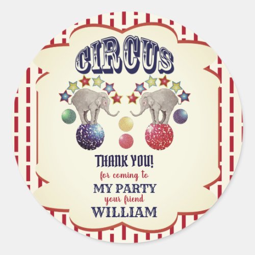Vintage Circus Elephant  Birthday Party Favor Classic Round Sticker