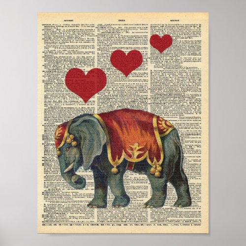 Vintage Circus elephant  hearts on dictionary   Poster