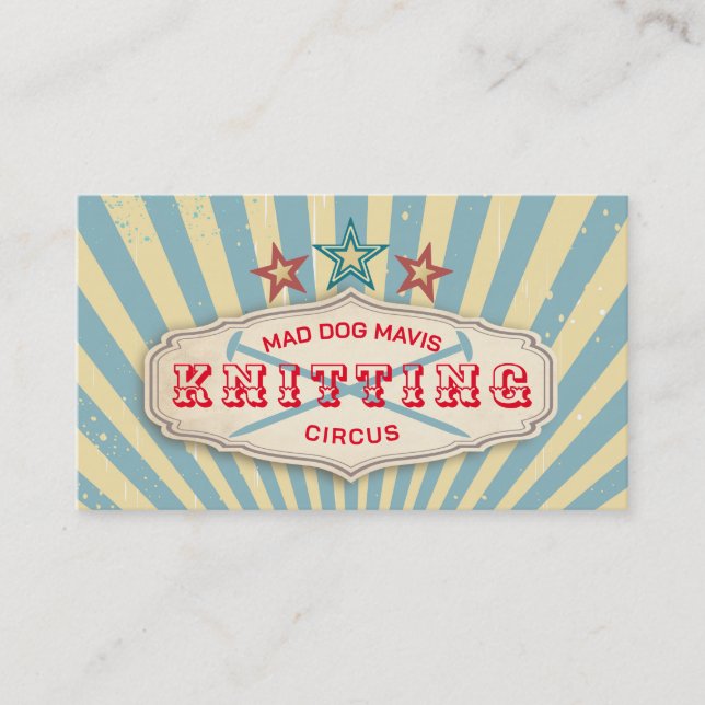 Vintage circus knitting needles craft show business card (Front)
