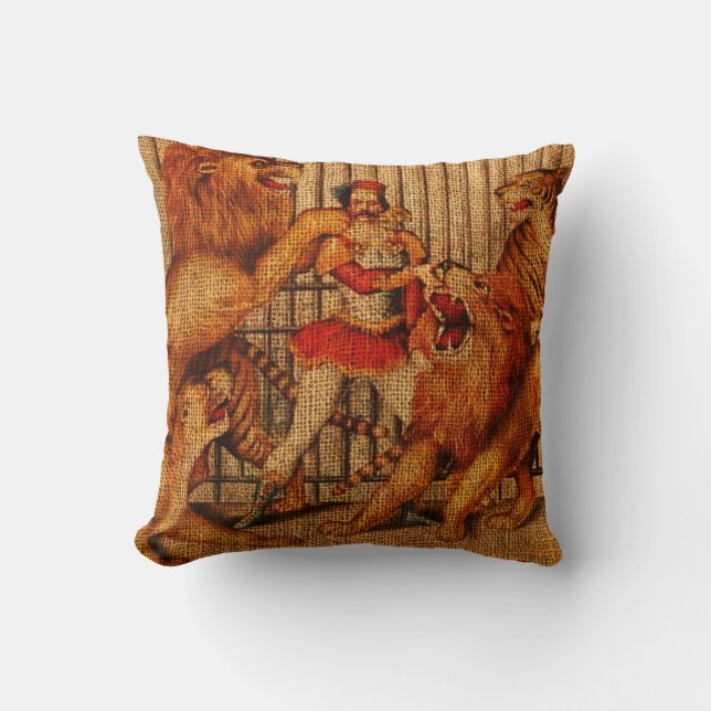Vintage Circus Lion Tamer Throw Pillow (Front)