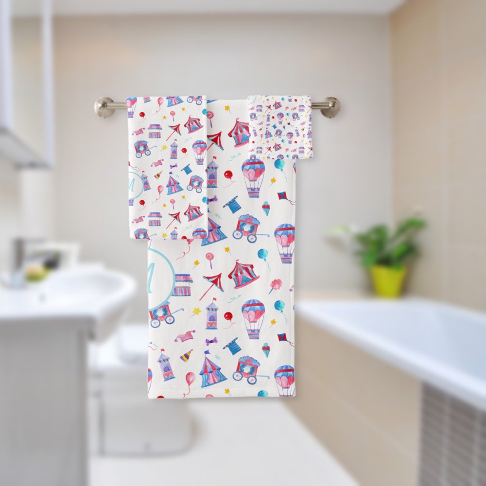 Vintage Circus Pattern | Turquoise Blue Bath Towel Set