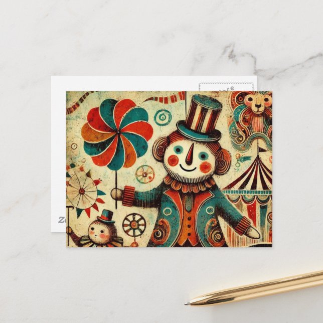 Vintage Circus Pinwheel Clown Collage Postcard (Front/Back In Situ)