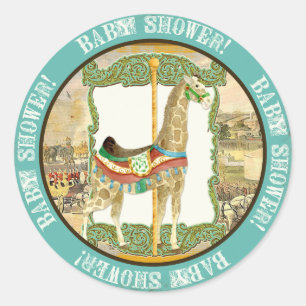 Vintage Circus Poster, Giraffe Baby Shower Classic Round Sticker
