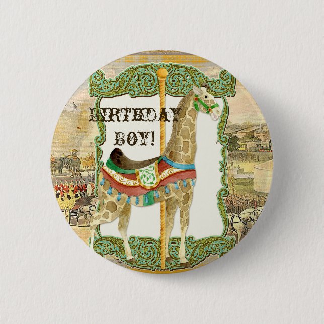 Vintage Circus Poster, Giraffe Boy Birthday Party Button (Front)