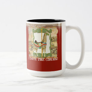 Vintage Circus Poster, Giraffe Carousel Carnival Two-Tone Coffee Mug