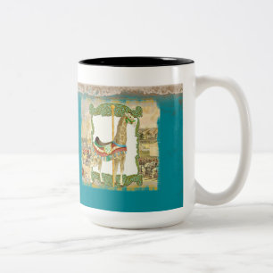 Vintage Circus Poster, Giraffe Carousel Carnival Two-Tone Coffee Mug