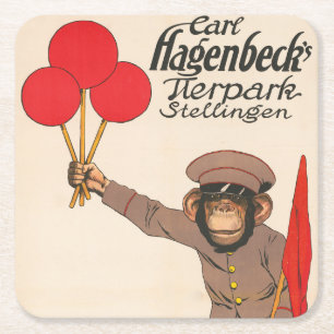 Vintage Circus Poster Of A Monkey Holding Balloons Square Paper Coaster