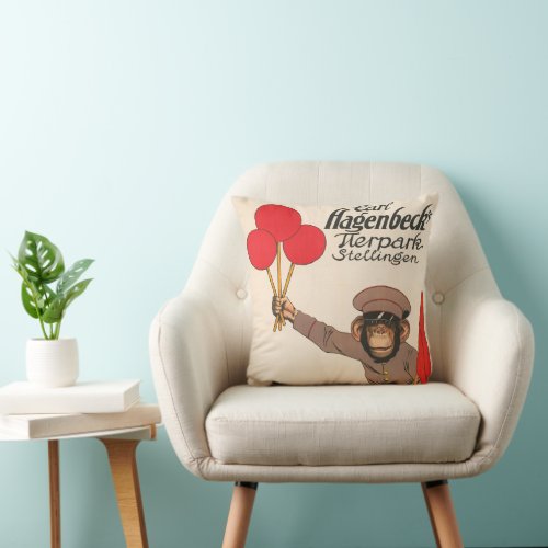 Vintage Circus Poster Of A Monkey Holding Balloons Throw Pillow