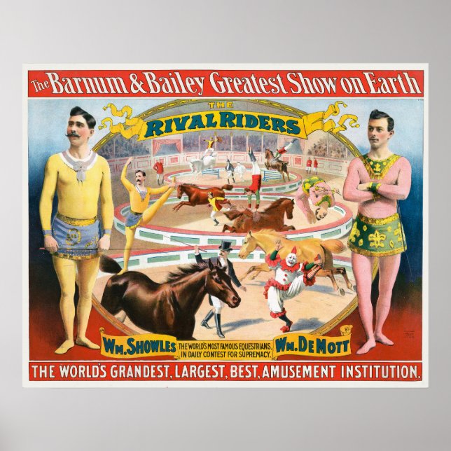 Vintage Circus Poster Of Male Equestrians & Clown (Front)