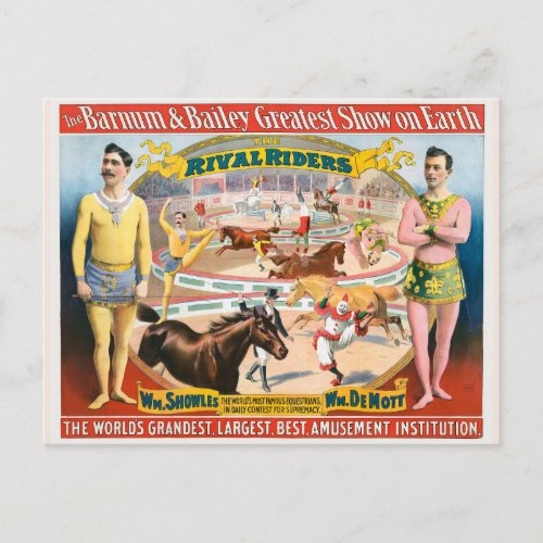 Vintage Circus Poster Of Male Equestrians  Clown Postcard