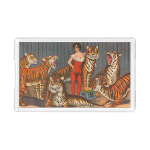 Vintage Circus Poster Of Woman With Six Tigers. Acrylic Tray