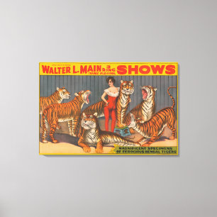 Vintage Circus Poster Of Woman With Six Tigers. Canvas Print