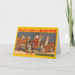 Vintage Circus Poster Of Woman With Six Tigers. Card