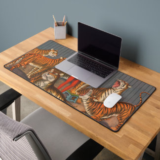 Vintage Circus Poster Of Woman With Six Tigers. Desk Mat