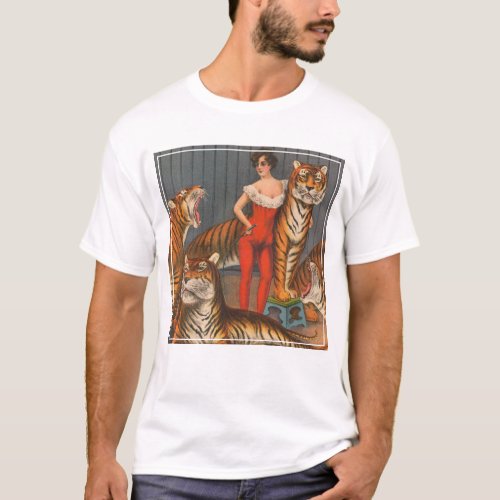 Vintage Circus Poster Of Woman With Six Tigers T_Shirt