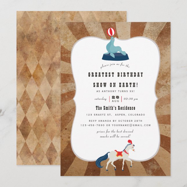 Vintage Circus Themed Birthday Party Invitation (Front/Back)