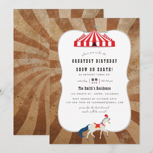 Vintage Circus Themed Birthday Party Invitation (Front/Back)