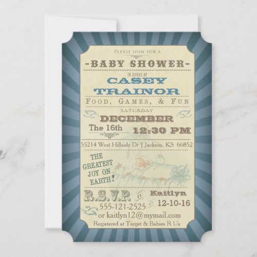 Vintage Circus Ticket Baby Boy Shower Invitation