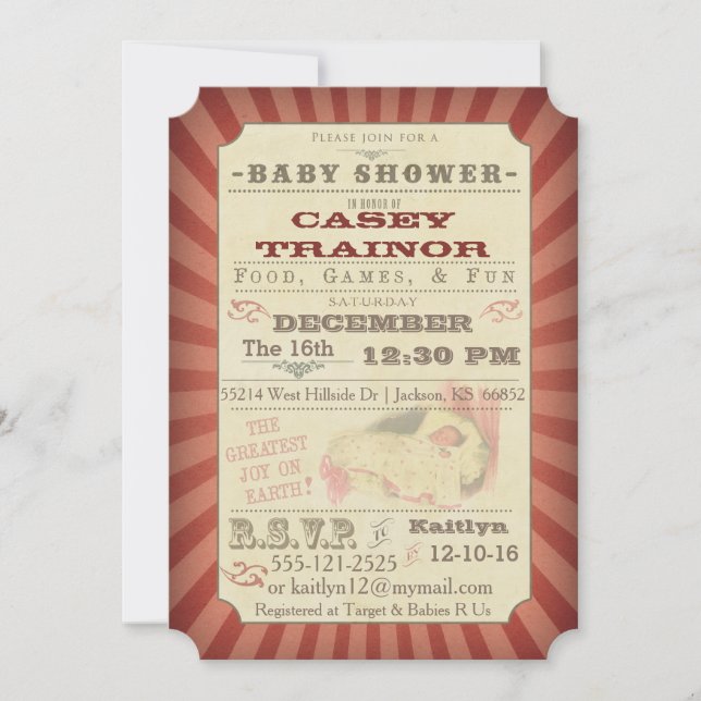 Vintage Circus Ticket Baby Girl Shower Invitation (Front)