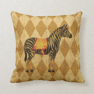 Vintage Circus Zebra on Rustic Gold Diamonds Throw Pillow