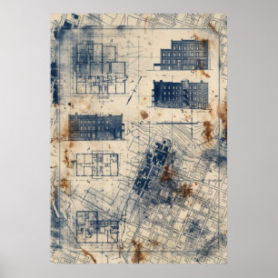 Vintage City Building Blueprint Art Print