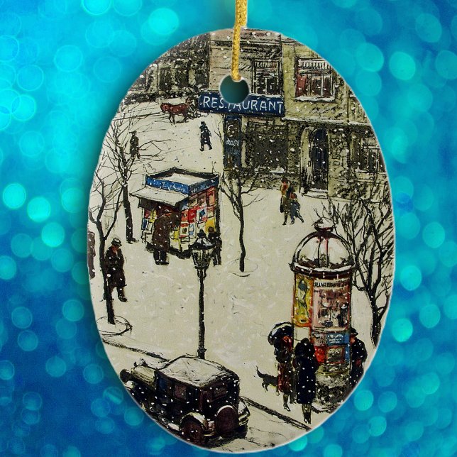 Vintage City Street Winter Scene Ceramic Ornament (Winter streets in old 1920's town on oval hanging ornament.)