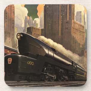 Vintage City, T1 Duplex Train on Railroad Tracks Drink Coaster