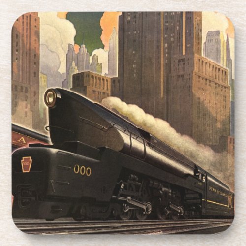 Vintage City T1 Duplex Train on Railroad Tracks Drink Coaster