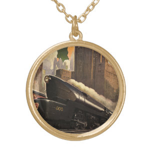 Vintage City, T1 Duplex Train on Railroad Tracks Gold Plated Necklace