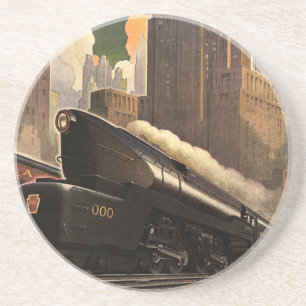 Vintage City, T1 Duplex Train on Railroad Tracks Sandstone Coaster