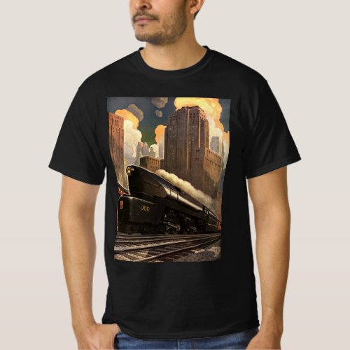 Vintage City T1 Duplex Train on Railroad Tracks T_Shirt
