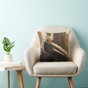 Vintage City, T1 Duplex Train on Railroad Tracks Throw Pillow