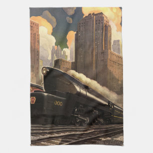 Vintage City, T1 Duplex Train on Railroad Tracks Towel