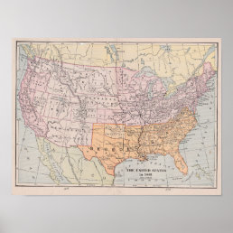 Vintage Civil War Era Map Of The United States Poster