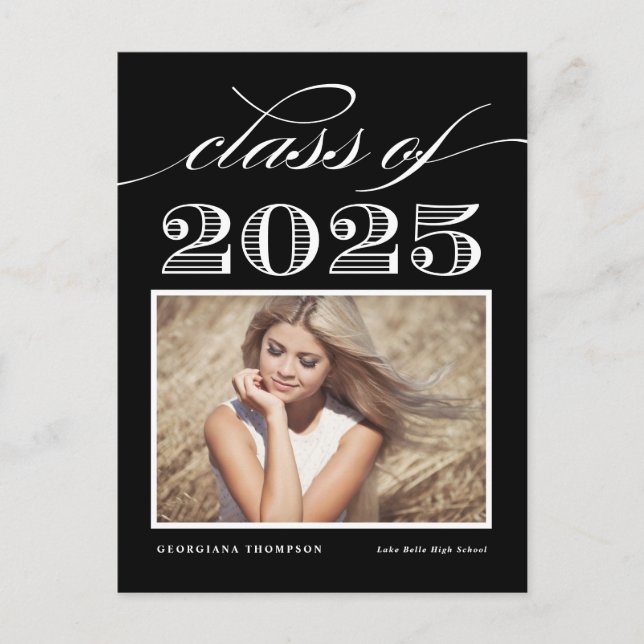Vintage Class of 2025 Black Photo Graduation Postcard (Front)