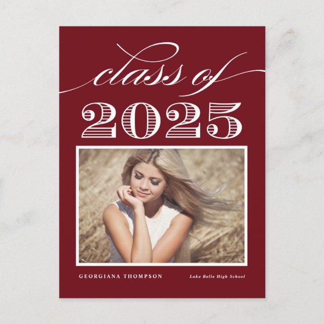 Vintage Class of 2025 Burgundy Photo Graduation Postcard (Front)