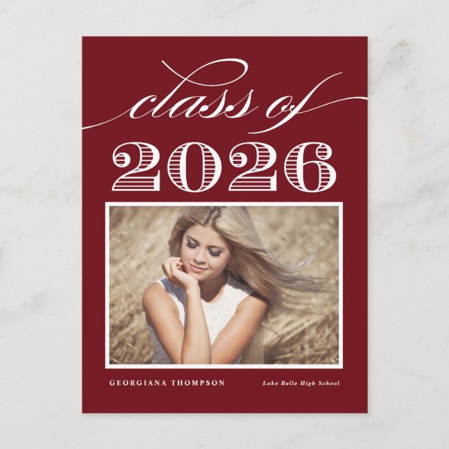 Vintage Class of 2026 Burgundy Photo Graduation Postcard (Front)