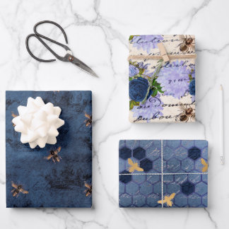 Vintage Classic Blue Bee Flowers Mix and Match Wrapping Paper Sheets