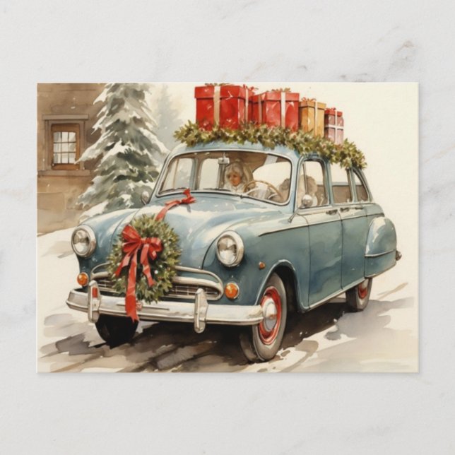 Vintage Classic Blue Christmas Car Holiday Postcard (Front)