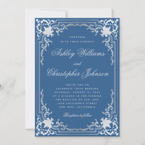 Vintage Classic Blue Faux Silver Elegant Wedding Invitation