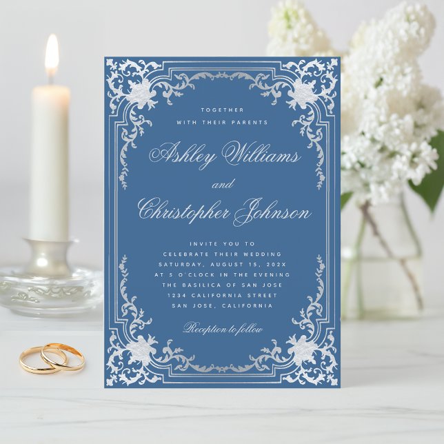 Vintage Classic Blue Faux Silver Elegant Wedding Invitation (Creator Uploaded)
