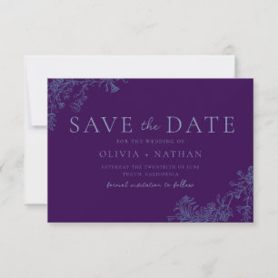 Vintage Classic Blue Floral Purple Wedding  Save The Date