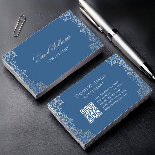 Vintage Classic Blue QR Code Antique Ornate Script Business Card