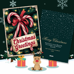 Vintage Classic Candy Cane Christmas Greetings Holiday Card