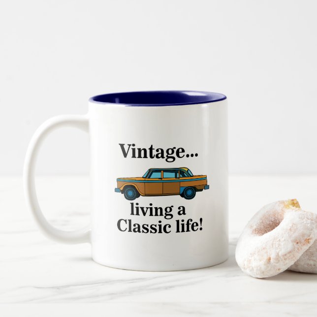 Vintage Classic Car Enthusiast Two-Tone Coffee Mug (With Donut)