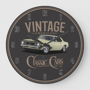 Vintage Classic Cars in Yellow Large Clock